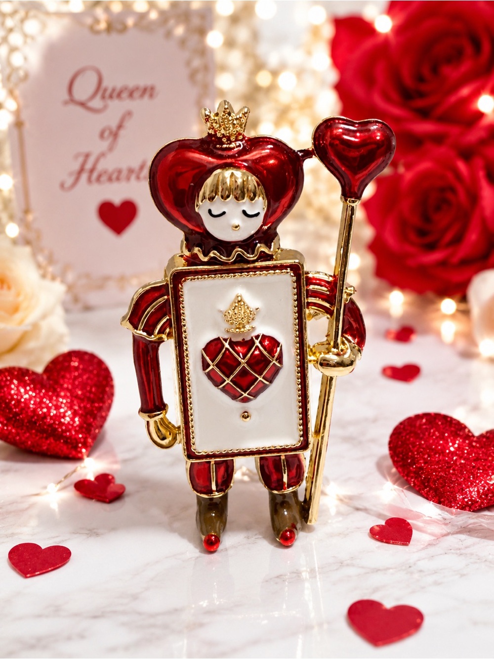 Queen of Hearts Red & Gold Enamel Statement Brooch Pin